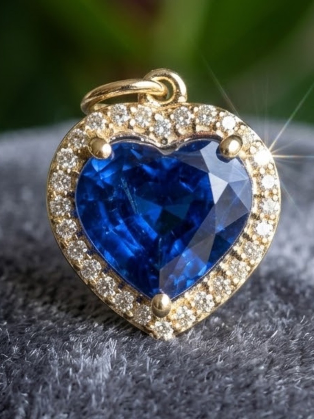 14k gold blue sapphire heart with diamond halo charm